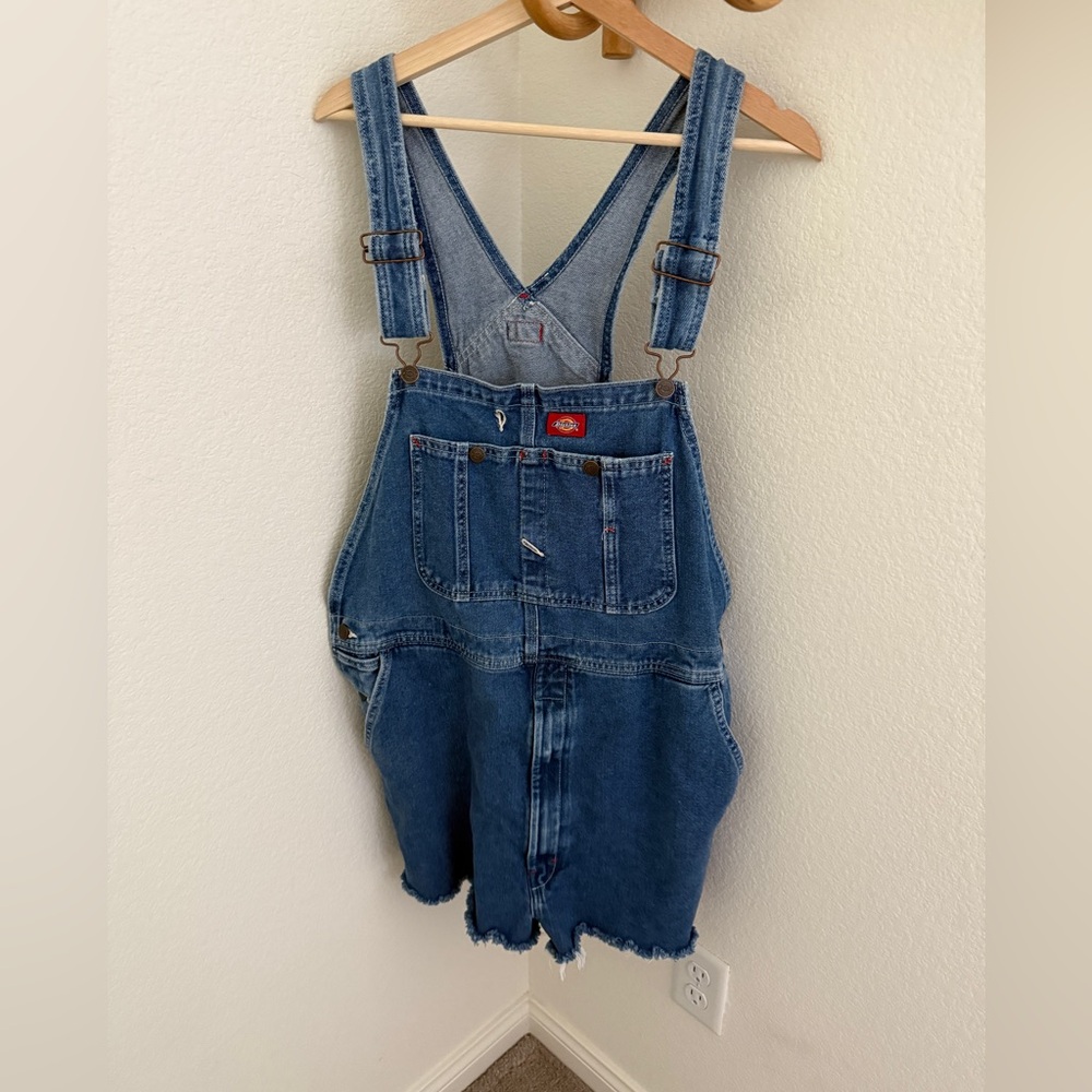 Vintage 90s Dickies Denim Bib short Overalls raw hem carpenter workwear size 38